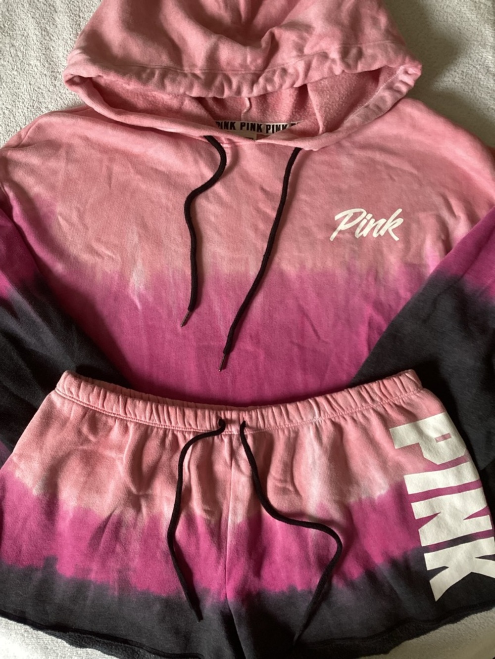 Victoria’s Secret PINK Ombré Tie Dye Dipped Campus Crop Hoodie Shorts Set L NWT